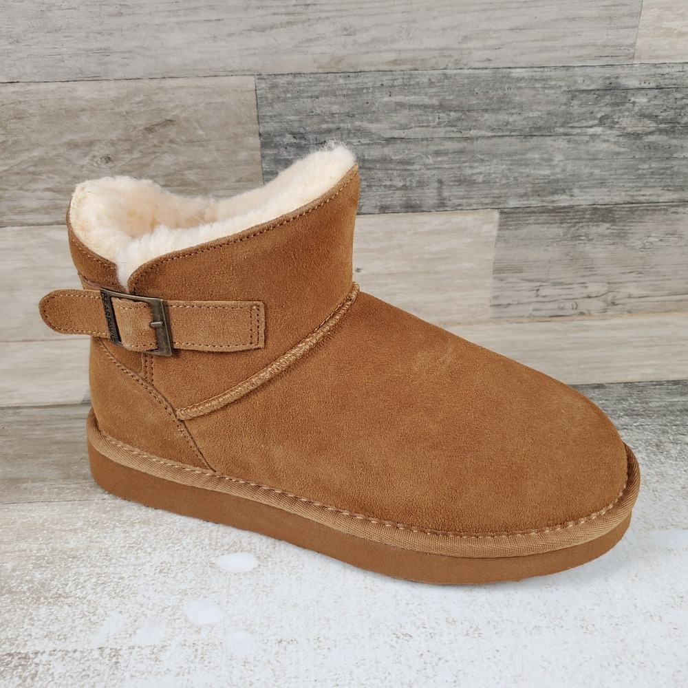 Bearpaw Bette Womens Ankle Boots Sz 7 Hickory Suede Lined Rivet Buckle Round Toe